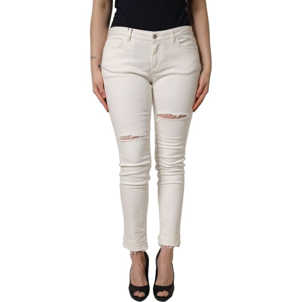 Dolce & Gabbana White Tattered Skinny Cotton Denim Women's Jeans